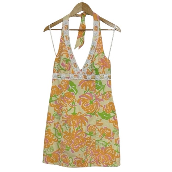 Lilly Pulitzer Yellow floral Halter Dress, pastel, trim detail, 4 - Picture 1 of 11